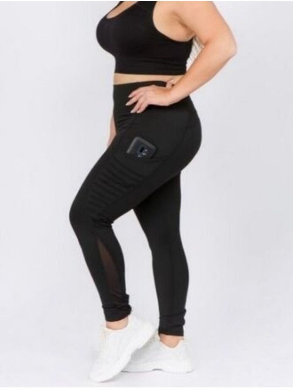 HIGH Waist Solid Black Sport Leggings With Mesh Insert & Pockets Size L
